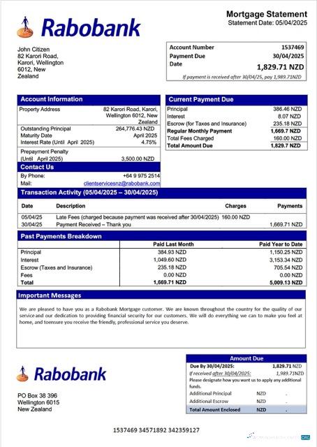 Download New Zealand Rabobank mortgage statement Word and PDF template Photoshop template